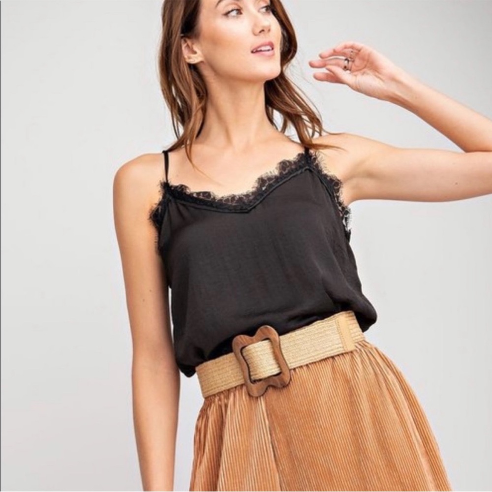 Black eyelash lace trim tank camisole